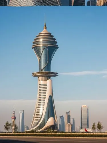 In the heart of Shanghai, towering skyscrapers are visible, with soaring windows and white glass facade. The building's iconic silhouette features a massive skyscraper, its spire glinting in the sunli