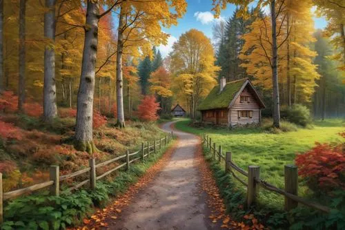 autumn landscape,autumn background,fall landscape,house in the forest,home landscape,autumn scenery,autumn idyll,autumn forest,autumn theme,autumn day,cottage,autumn morning,the autumn,landscape backg