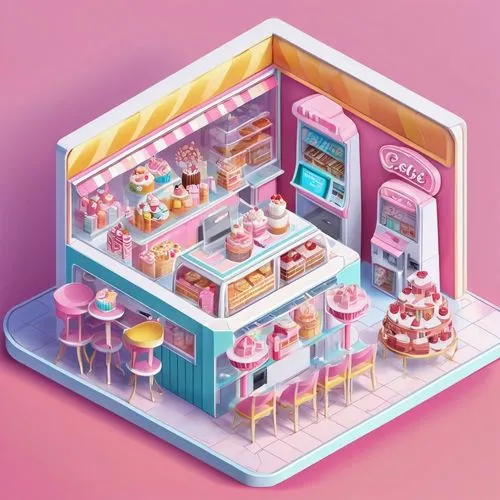 ice cream shop,cake shop,bakeshop,bakery,pastry shop,cupcake background,Unique,3D,Isometric