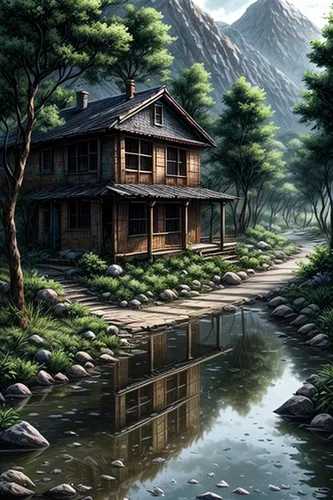 8k,house in mountains,house with lake,house in the mountains,home landscape,lonely house,the cabin in the mountains,house by the water,house in the forest,japan landscape,fisherman's house,landscape b