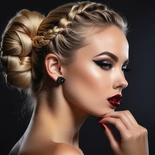 chignon,updo,upbraid,vintage makeup,braide,penteado,red lipstick,braid,women's cosmetics,hairdressing salon,hairpieces,red lips,airbrush,retouching,injectables,portrait background,airbrushed,plait,braider,beauty salon,Photography,General,Fantasy