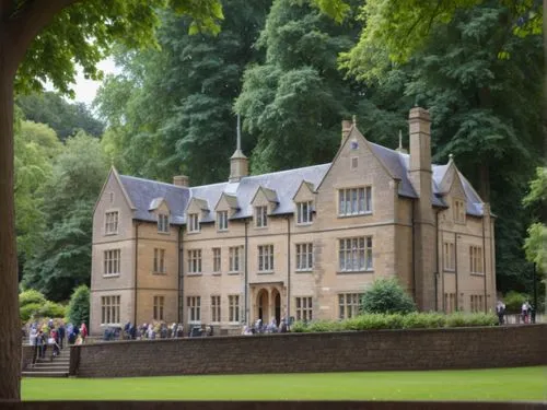 Transform the famous drawing by Bill Denny “Malvern College, House Nr. 5” into a contemporary, high-resolution black and white photo in an impressive way.,the building in which people are walking down