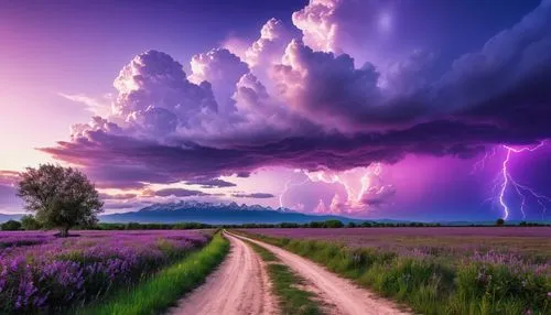 purple and white clouds in the sky over a dirt road, magnificent background, amazing wallpaper, magical colors and atmosphere, interstellar stormy bright sky, beautiful wallpaper, beautiful iphone wal