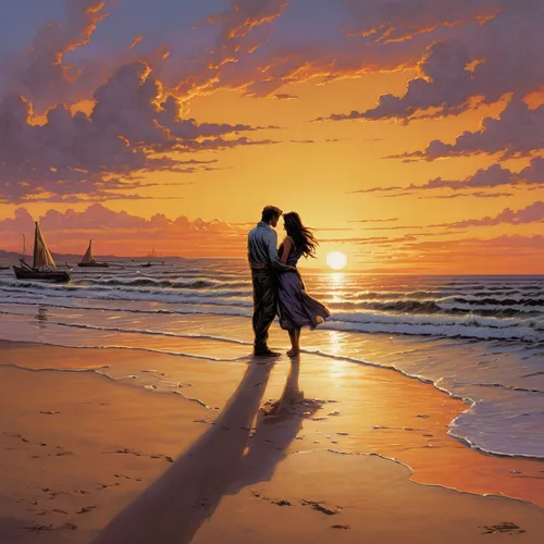 Write a romantic scene in which a couple enjoys a sunset at a sandy beach.,loving couple sunrise,romantic scene,honeymoon,beach landscape,romantic night,sunset beach,tramonto,oil painting on canvas,yo