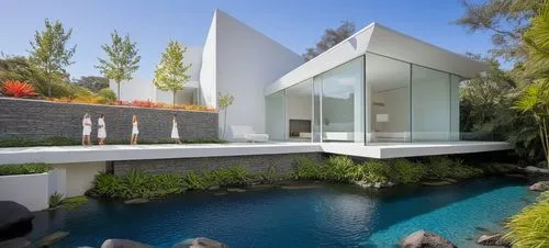 Diseño exterior de una casa moderna estilo minimalista combinando muros de color blanco con muros de tabique aparente, herrería de aluminio con cristal, fotografía hiperrealista, fotografía arquitectó