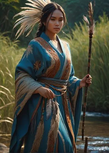 An girl in a flowing robe made from woven grasses and animal hides, with mystical symbols painted on her skin and a staff adorned with feathers, performing a ritual by a river. 8K UHD,khamti,wulin,map