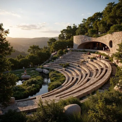 Tiered seating, natural stone amphitheater, lush greenery surroundings, integrated landscape design, curved lines, organic architecture, earthy tones, wooden accents, cantilevered structures, dramatic