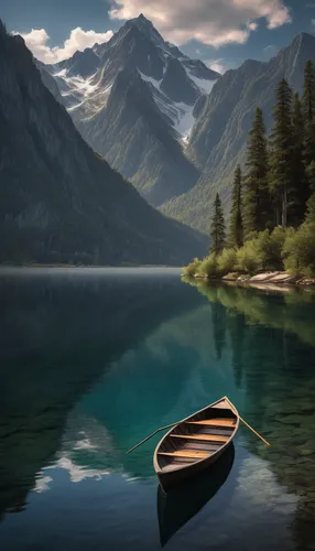 In a peaceful lake surrounded by mountains, a rowboat creates a bow wave as it glides towards the shore.,boat landscape,calm water,canoeing,canoe,calm waters,beautiful lake,canoes,mountain lake,alpine