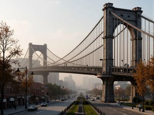 Rustic vehicular bridge, steel arches, suspension cables, concrete piers, sturdy columns, ornate lamp posts, weathered steel railings, asphalt roadways, traffic lanes, pedestrian walkways, urban citys