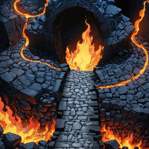 charcoal kiln,cauldron,fireplaces,dragon bridge,fire background,the eternal flame,Unique,Design,Blueprint