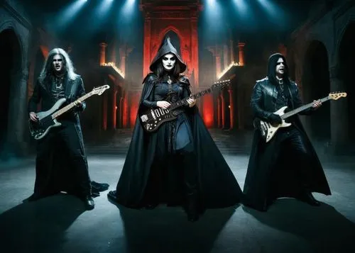 Dark men warlocks playing bass and e-guitar and screaming. There is dark gothic temple.,enthroned,morgoth,enthroning,incantation,gorgoroth,firewind,marduk,impiety,moonsorrow,jordison,martyrium,sepulch