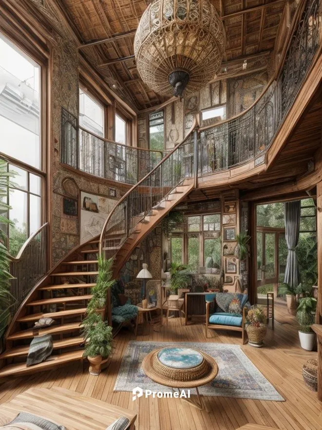 tree house hotel,tree house,loft,wood deck,wooden stairs,beautiful home,penthouse apartment,wooden beams,winding staircase,interior design,treehouse,luxury home interior,wooden floor,circular staircas