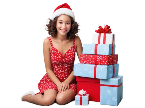 Christmas girl, festive atmosphere, red Santa hat, curly brown hair, bright smile, sparkly eyes, rosy cheeks, snowflake-patterned dress, white fur trim, holding gift box, sitting on floor, surrounded 