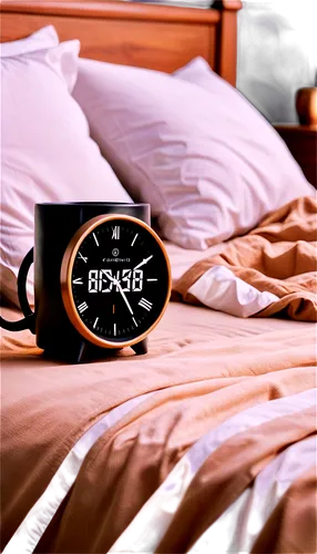 Morning scene, gentle alarm clock, soft golden light, subtle shadows, cozy bedroom interior, fluffy white pillows, crumpled bed sheets, wooden bedside table, ceramic coffee mug, steaming hot coffee, q