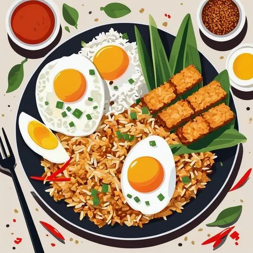 rice with fried egg,rice with minced pork and fried egg,egg wrapped fried rice,indonesian dish,thai fried rice,kimchi fried rice,Illustration,Vector,Vector 01