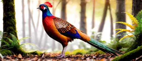 Pheasant bird, vibrant plumage, iridescent feathers, golden brown wings, green head, red wattle, black eyes, curved beak, standing posture, right leg bent, left leg straight, natural habitat, forest f