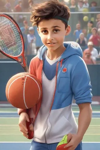 The scene is filled with colorful cartoon characters and lines in a cartoon world. As it begins to take shape, we see the person holding a tennis ball in his left hands, but his eyes are wide with exc