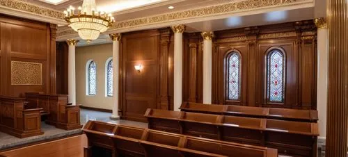 A grand synagogue interior with a majestic, ornate design. The room is spacious and filled with rows of wooden pews, each featuring a rich dark wood tone and padded backrests. At the front, there is a