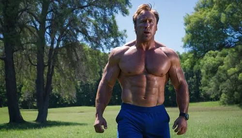 muscular man, Alex Jones, shirtless, sweaty torso, athletic build, short messy brown hair, bright blue eyes, strong facial features, serious expression, standing, flexing muscles, outdoor, sunny day, 