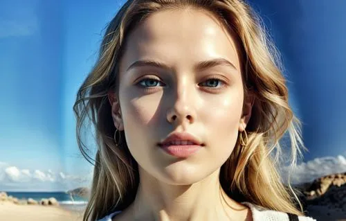 a woman with an odd look on her face and a beach in the background,beach background,cailin,seyfried,girl in a long,bridgit,blonde woman,Photography,General,Realistic