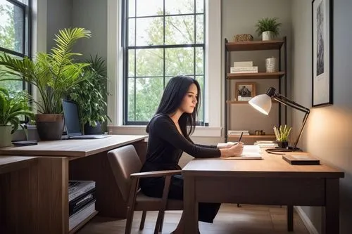 a woman is sitting at a desk with a laptop and books,girl at the computer,blur office background,girl studying,telecommuter,working space,study room,Conceptual Art,Fantasy,Fantasy 13