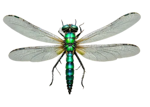 Insect, dragonfly, six legs, transparent iridescent wings, green metallic body, large compound eyes, antennae, flying, hovering, close-up, soft focus, bokeh effect, warm natural light, shallow depth o