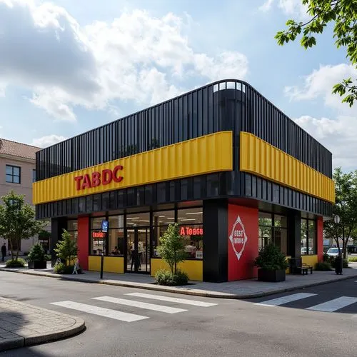 SINGLE LEVEL COMMERCIAL BUILDING WITH SELF-SERVICE ACCESS FOR THE SALE OF MEXICAN FOOD. ITS MAIN COLORS ARE BLACK, YELLOW AND RED, WHICH HAS STEEL LATTICE ON THE FACADE, LARGE WINDOWS AND BRAND LOGO, 