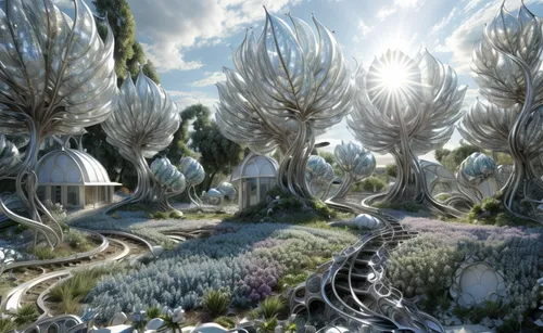 gardens by the bay,futuristic landscape,terraforming,elven forest,clove garden,elves flight,futuristic architecture,alien world,biome,3d fantasy,garden of plants,apiarium,fairy world,mushroom landscape,solar cell base,sky space concept,alien planet,ice planet,virtual landscape,flower dome