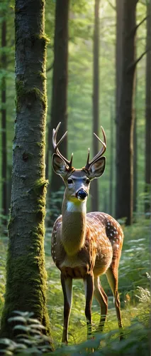 1deer, female deer, graceful posture, standing in a forest clearing, soft fur texture, antlers, doe eyes, serene expression, natural sunlight filtering through trees, green foliage, wildflowers, tranq