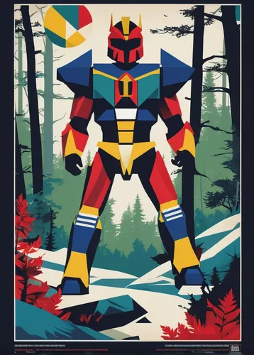 Explore a mysterious forest where the Power Rangers Megazord must navigate treacherous terrain to find a hidden artifact.,gundam,cool woodblock images,transformers,robot icon,forest man,travel poster,