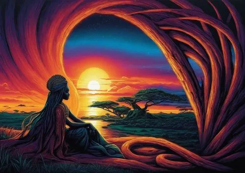 sunset at africa,shamanic,fantasy picture,hildebrandt,sundancer,sunset,ayahuasca,dream art,sunset glow,background image,dreamtime,fantasy art,vipassana,lateralus,sacred art,psytrance,romantic scene,pa