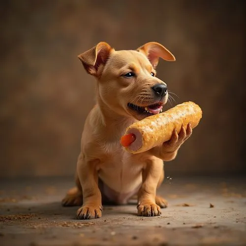 сосиска в тесте, которую кушает собака,a small brown dog holding a sausage in it's mouth,dog puppy while it is eating,purebred dog,sausage sandwich,dog photography,gourmand,bratwurst