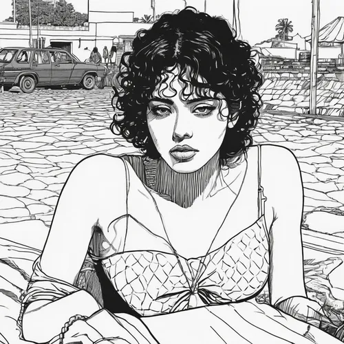 Rewrite a dramatic scene from a movie.,comic style,comic halftone woman,clementine,girl on the river,mono line art,summer line art,line-art,mono-line line art,lacerta,sea beach-marigold,girl sitting,p