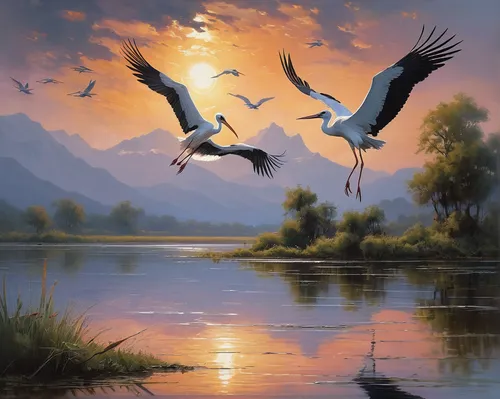 Compose a descriptive poem capturing the grace and elegance of white storks soaring high above a tranquil lake.,migratory birds,herons,birds in flight,white storks,geese flying,flying birds,bird fligh