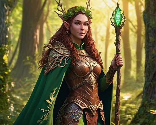 Female wood elf, slender figure, pointed ears, bright green eyes, long curly brown hair, flower crown, gentle smile, intricate wooden armor, leaf-patterned cloak, holding a glowing staff, standing on 