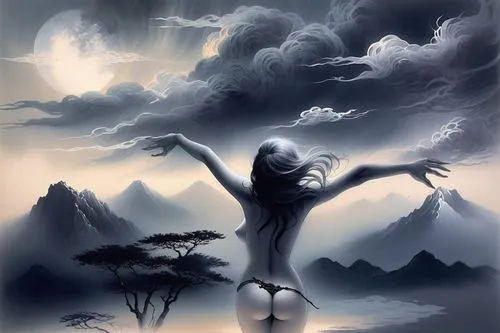 skyclad,fantasy picture,sylphs,shamanic,world digital painting,the spirit of the mountains,shamanism,fantasy art,arms outstretched,mythologie,nyarlathotep,hand digital painting,tuatha,mythography,moonsorrow,invoking,asatru,hekate,samuil,antasy,Illustration,Paper based,Paper Based 30