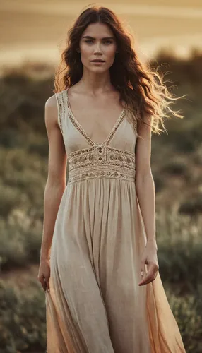 Bohemian Runway haute collection, Free People, full body model, Long beige color dress in simple style, 8K, high resolution, high detail, smooth, hyper realistic, fine skin texture, clear facial.
,gir