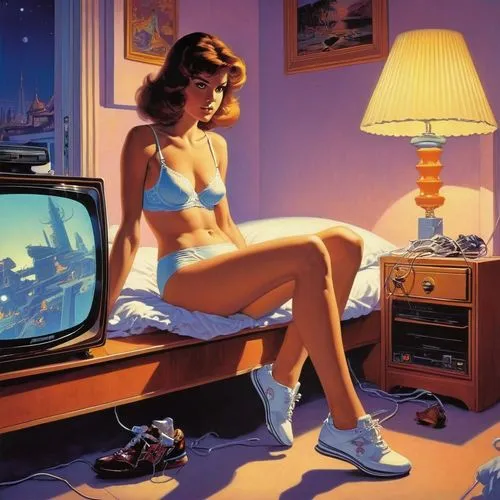 retro woman,hildebrandt,retro women,retro girl,girl at the computer,vettriano,tv,television,sega genesis,colecovision,soir,telescreen,televisions,pin-up girl,computervision,videophone,retro television,retro,crt,retro pin up girl,Conceptual Art,Sci-Fi,Sci-Fi 19