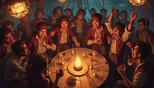 funny pirates makien fun,party, dancing,drinking for kids, cartoon stule in Cinematic Tones, with a focus on storytelling and emotional depth, using warm, earthy shades of bronze and purple to evoke a