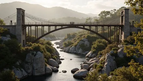 Rustic steel bridges, arching structures, suspension cables, stone piers, wooden decks, regionalism-inspired design, earthy tones, natural materials, rugged textures, meandering rivers, scenic valleys