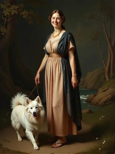 The standing full-length portrait shows a smiling lady with friendly eyes and a gentle smile. Her immaculate white spitz dog bounces happily across the floor. The background is deep, textured and intr