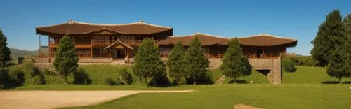 a stone building on grass with some trees around,stave church,asian architecture,gandzasar,punakha,khaplu,wooden church,Photography,General,Realistic