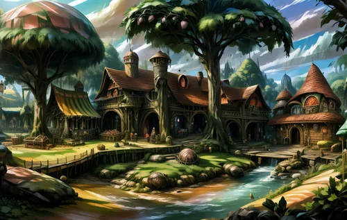 hobbiton,knight village,fairy village,druid grove,aurora village,escher village,fantasy landscape,devilwood,wooden houses,home landscape,mountain settlement,witch's house,house in the forest,arcanum,medieval town,alpine village,northrend,mushroom landscape,world digital painting,fairy world