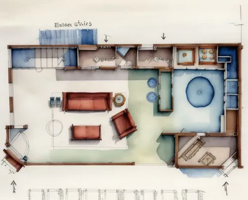 Watercolor of a floor plan drawing. Beautifully rendered of an interior from the top. Home is historical and modern at the same time. ,a house floor plan with furniture on it,floorplan home,habitacion