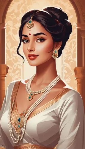 Glamour woman portrait, sophisticated styling, pearl jewelry, elegant pose, luxurious setting, portrait photography,a drawing of an indian woman wearing a bridal dress,arundhati,mandodari,surana,gitan