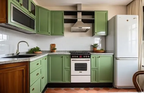 an older fashioned kitchen with mint green cabinets and appliances,vintage kitchen,kitchen design,kitchen interior,kitchens,tile kitchen,kitchen remodel,kitchen,frigidaire,kitchen stove,cabinetry,dark