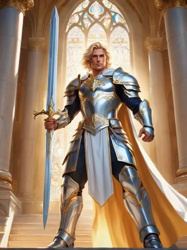 Human paladin, male, muscular build, blond hair, blue eyes, dignified expression, silver armor, white cloak, golden accents, holy symbol on chest, holding a large sword, standing heroically, grand sta