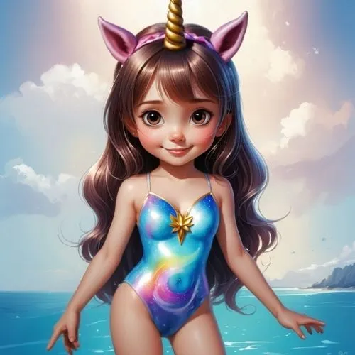 unicorn swimsuit,an anime girl in blue swimsuit standing on beach with a unicorn hat,mermaid background,merfolk,sirene,amphitrite,unicorn background,cute cartoon character