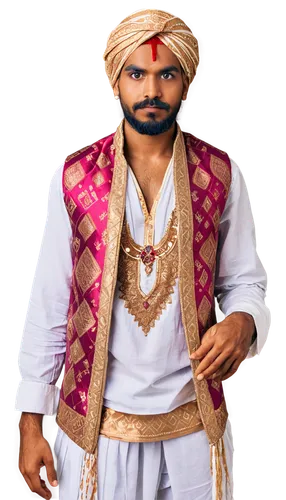 Indian man, traditional outfit, turban, thick beard, mustache, brown skin, intricate henna on hands, colorful vest, white dhoti, golden jewelry, serious expression, standing, 3/4 composition, warm lig