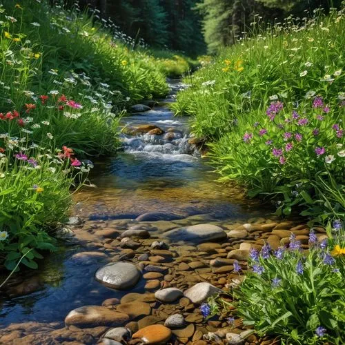 mountain stream,flowing creek,mountain spring,alpine meadows,lilies of the valley,alpine meadow,lilly of the valley,streams,clear stream,summer border,mountain meadow,wildflowers,summer meadow,blue woodland phlox,mountain river,salt meadow landscape,spring nature,alpine flowers,nature landscape,nature garden,Photography,General,Realistic